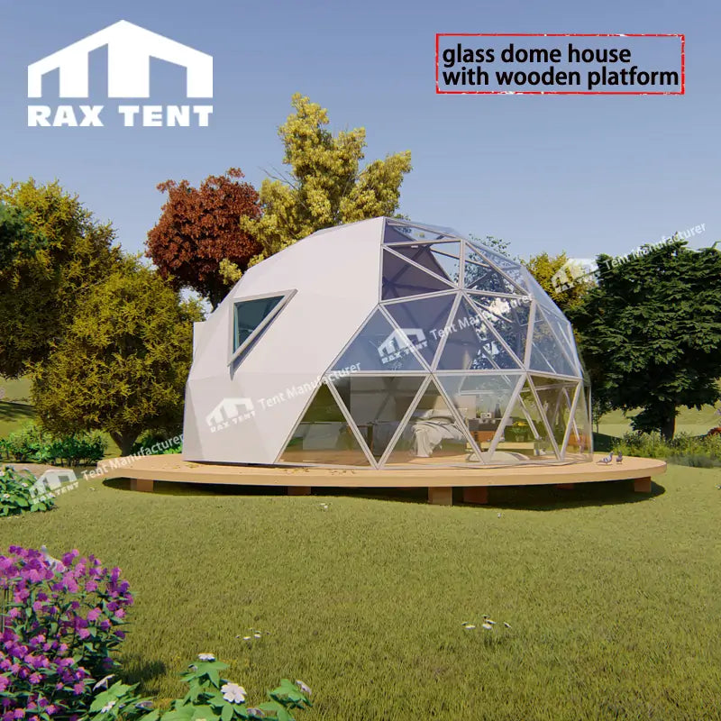 glass dome house with wooden platform