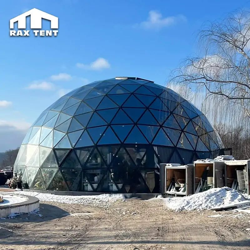 outdoor yoga glass dome house in winter