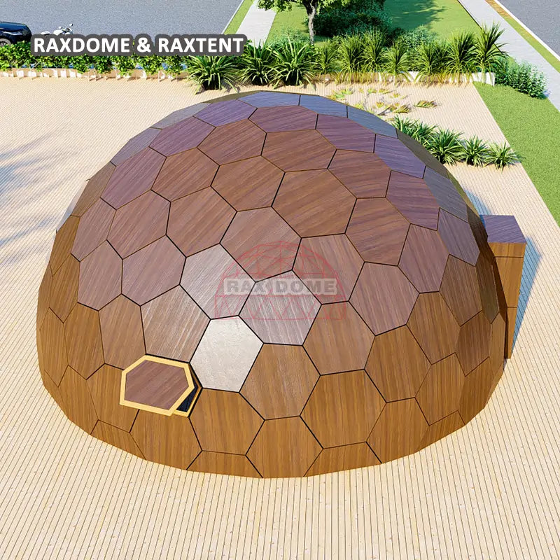RAXDOME 8M Hexagon Glamping Glass Dome House Tent with Wood Color Insulated Panels