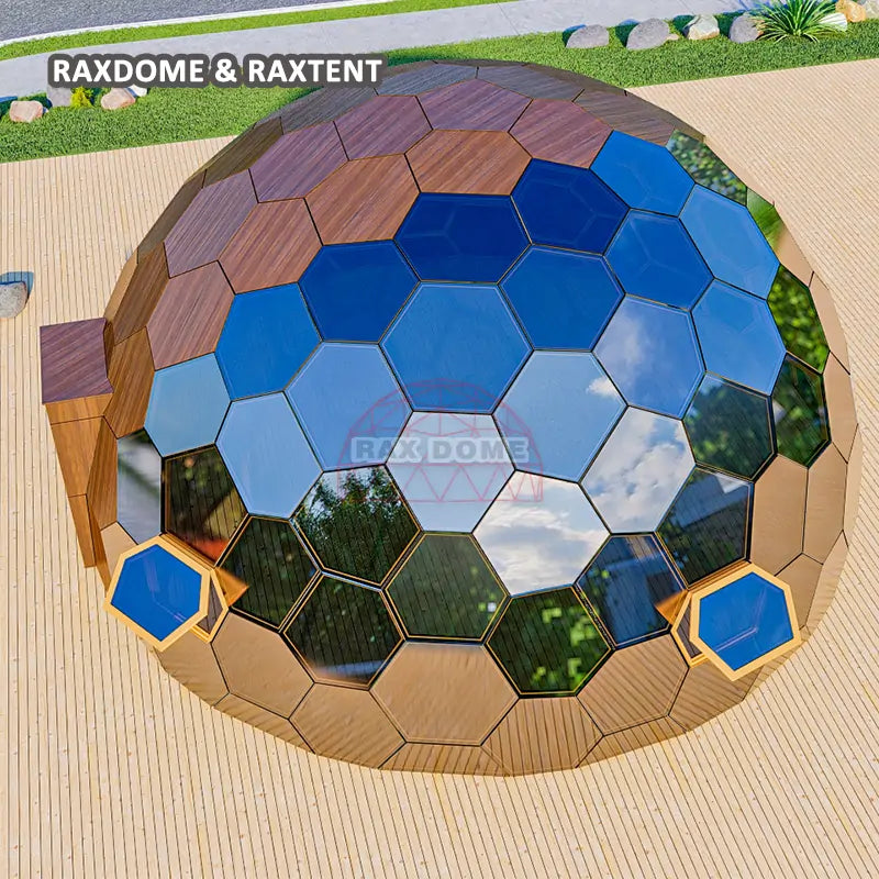 RAXDOME 8M Hexagon Glamping Glass Dome House Tent with Wood Color Insulated Panels