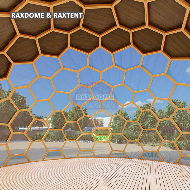 RAXDOME 8M Hexagon Glamping Glass Dome House Tent with Wood Color Insulated Panels