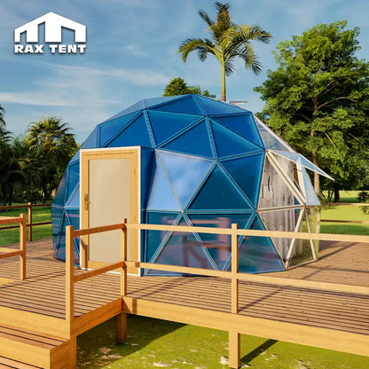 blue glass dome tent in campsite