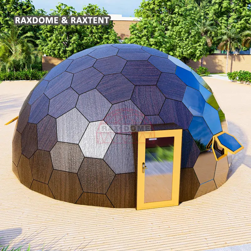 RAXDOME 8M Hexagon Glamping Glass Dome House Tent with Wood Color Insulated Panels