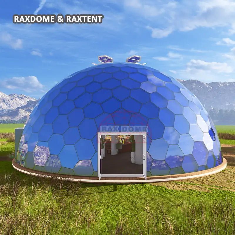 geo tent RAXDOME 15M Prefab Honeycomb Geodesic Glass Dome Tent with Mezzanine for Event 15M Hexagon Glass Dome ( Frame + Cover)