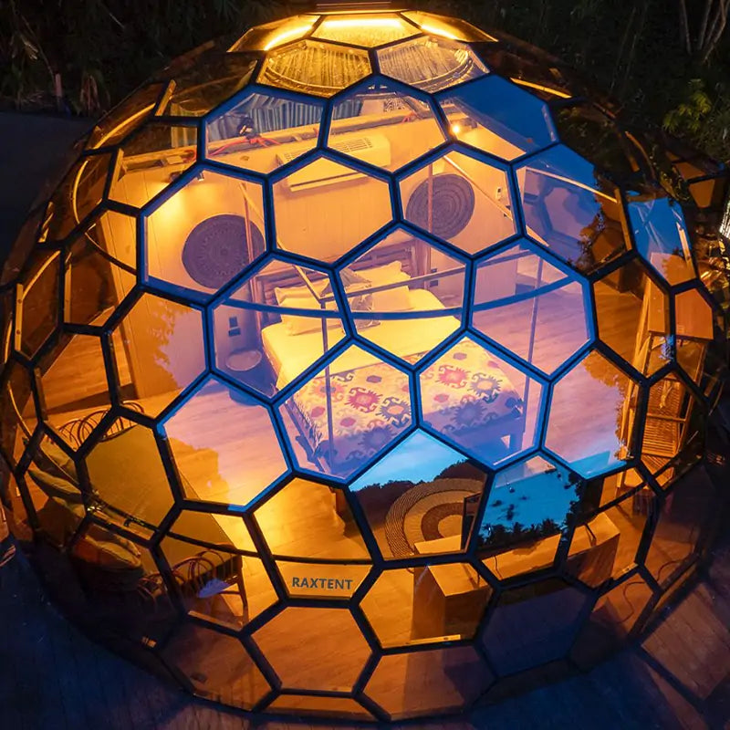 7m honeycomb glass dome house at night