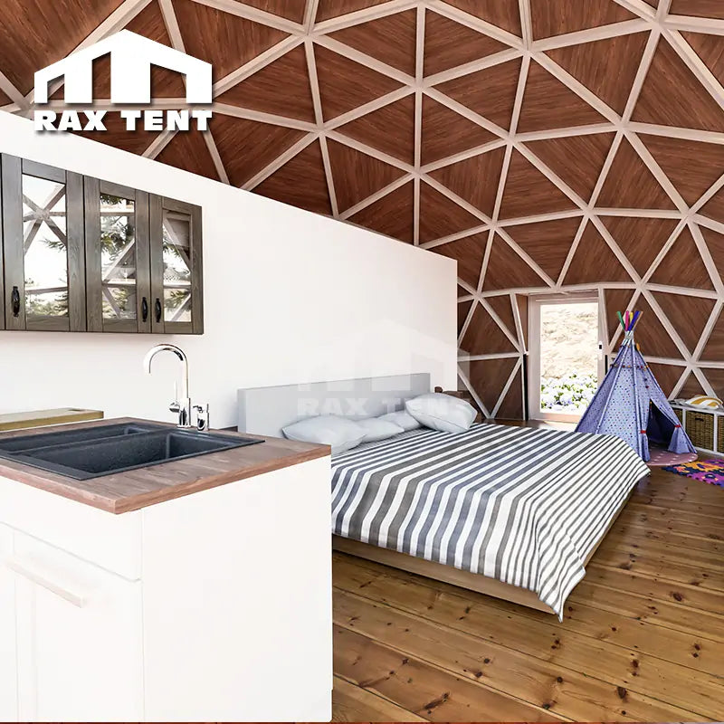 8M Wooden Glass Dome for Glamping Hotel with Kitchen Room and Bathroom