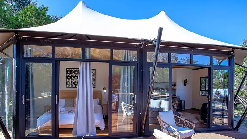 Two Peak Top Glamping Tent House With Galvanized Steel and Glass Wall