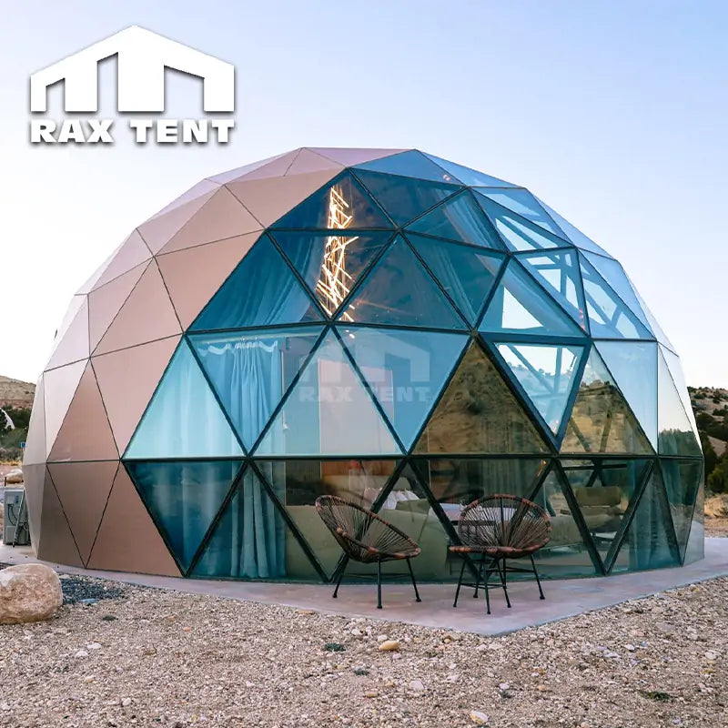 8M Wooden Color Glass Dome For Glamping Hotel Tent in USA