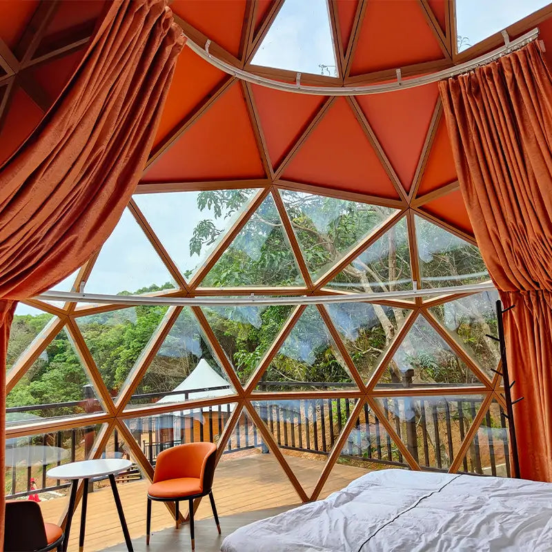 glass zome dome with cutrains