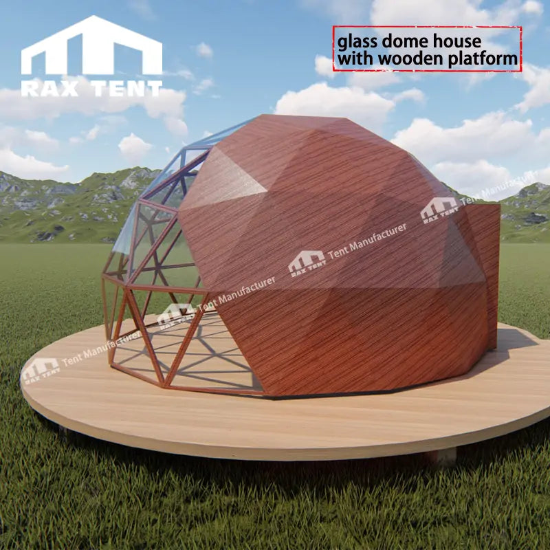 glass dome house with wooden platform