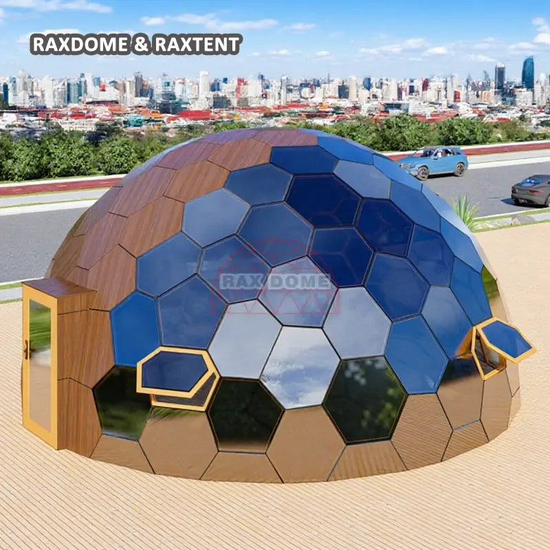 RAXDOME 8M Hexagon Glamping Glass Dome House Tent with Wood Color Insulated Panels Luxury Curtains