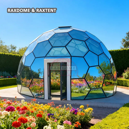 7m glass dome tent in garden