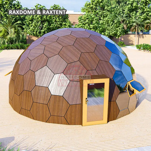 RAXDOME 8M Hexagon Glamping Glass Dome House Tent with Wood Color Insulated Panels