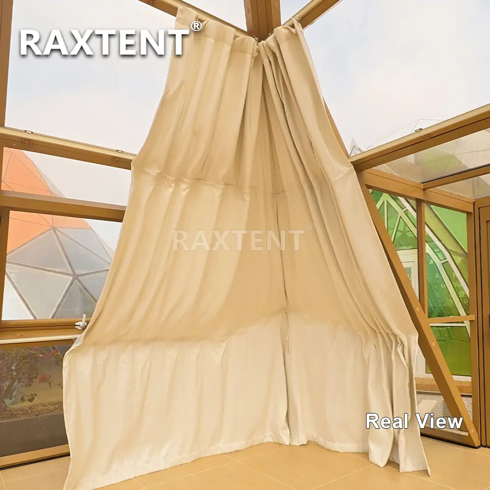 pyramid glass house with curtain