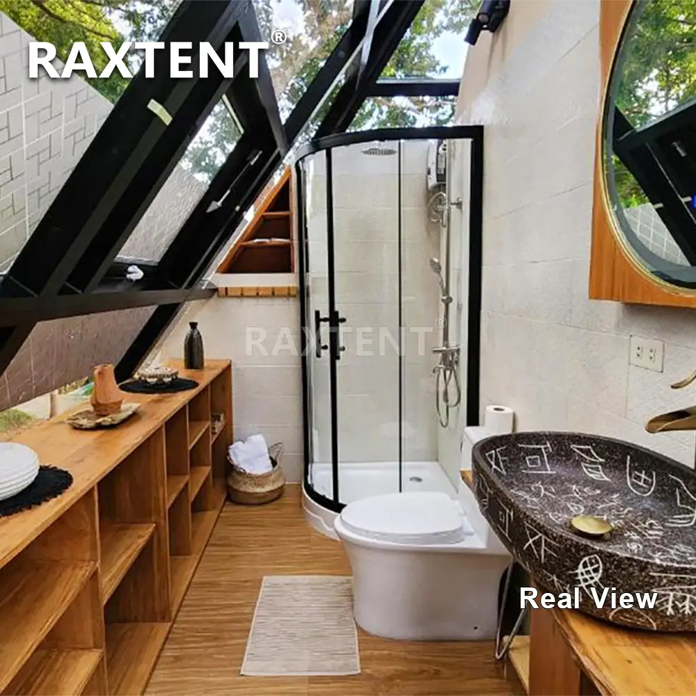 pyramid glass house with bathroom