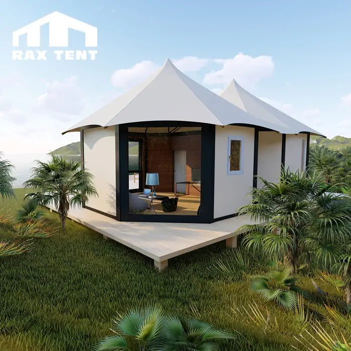 Two Peak Top Glamping Tent House With Galvanized Steel and Glass Wall